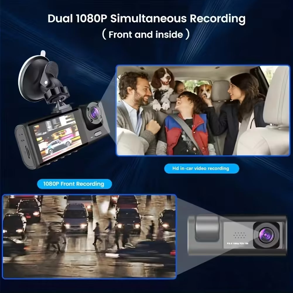 Caméra embarquée HD 1080p avec triple objectif, vision nocturne infrarouge, enregistrement en boucle et enregistreur DVR pour véhicule avec image inversée
