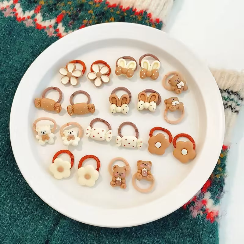 Lot de 20 élastiques à cheveux mignons avec motifs ours et lapins pour filles | Accessoires pour cheveux bébés et enfants avec nœud et fleur