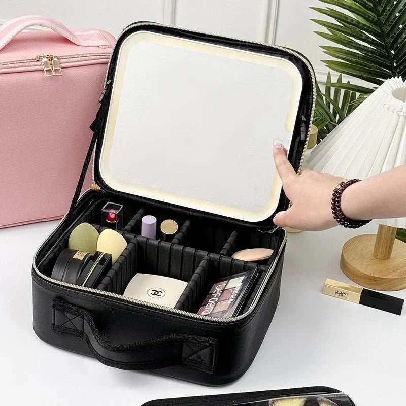 Trousse de Maquillage Intelligente LED Portable avec Miroir – Organisateur de Cosmétiques de Voyage Blanc avec Lumière LED Réglable et Compartiments de Rangement