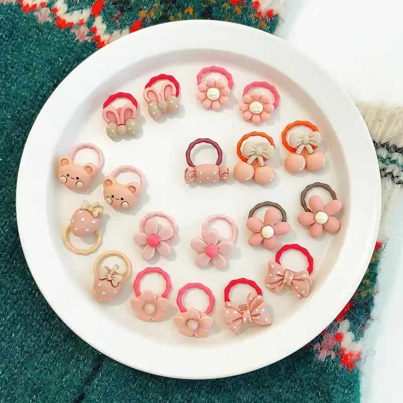 Lot de 20 élastiques à cheveux mignons avec motifs ours et lapins pour filles | Accessoires pour cheveux bébés et enfants avec nœud et fleur