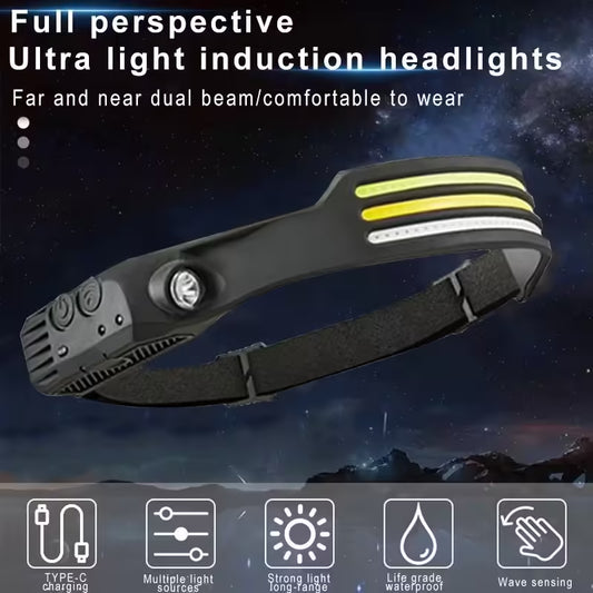 Induction Headlamp COB LED | USB Rechargeable Flashlight with Built-in Battery & 5 Lighting Modes | Sensor Head Torch