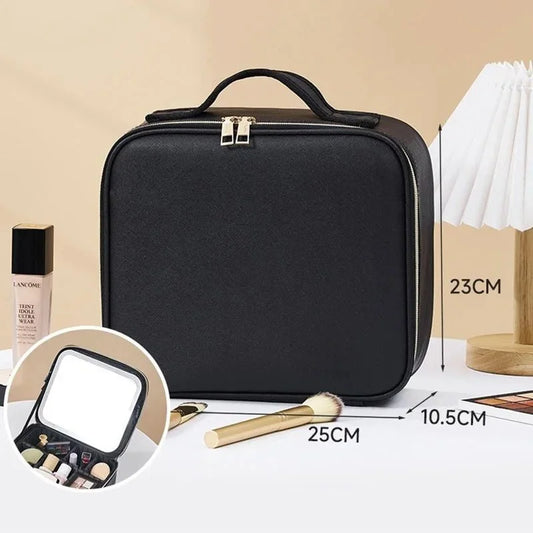 Portable Smart LED Makeup Bag with Mirror – White Travel Cosmetic Organizer Case with Adjustable LED Light & Storage Compartments