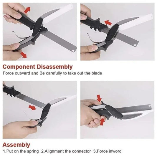 Couteau de cuisine astucieux, ciseaux multifonctions en acier inoxydable pour légumes et fruits, avec planche à découper intégrée.