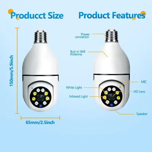 5G Bulb E27 Surveillance Camera - Full Color Night Vision, Automatic Human Tracking & Zoom, Indoor Wi-Fi Security Monitor