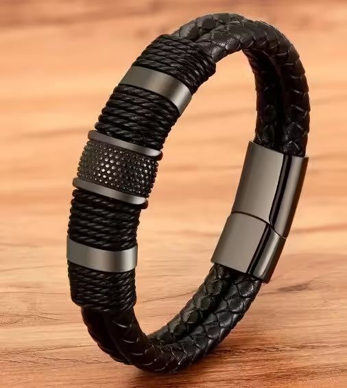 Retro Men's Magnetic Buckle Bracelet PU Alloy Woven Leather Bracelet