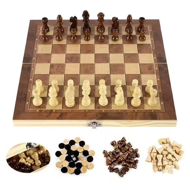 (24*24cm) 3-in-1 Folding Wooden Chess Set: Chess, Checkers & Backgammon