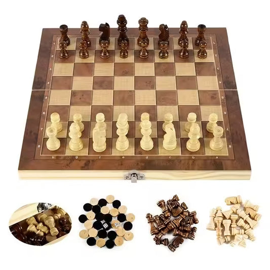 (24*24cm) 3-in-1 Folding Wooden Chess Set: Chess, Checkers & Backgammon