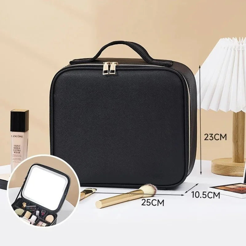 Portable Smart LED Makeup Bag with Mirror – White Travel Cosmetic Organizer Case with Adjustable LED Light & Storage Compartments