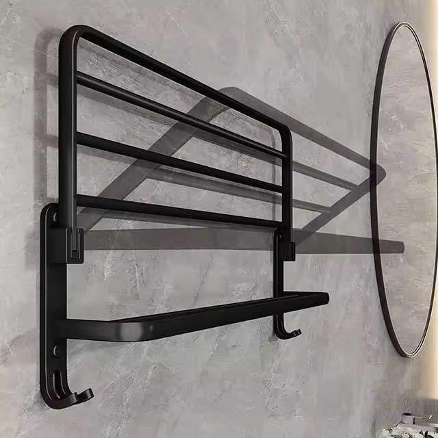 Matte Black 50CM Folding Towel Holder with Hook - Wall Mount Aluminum Towel Rack for Bathroom