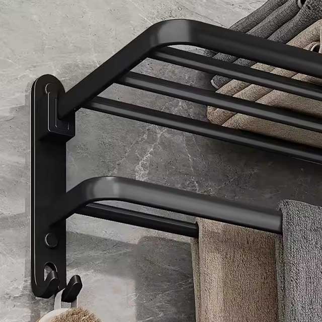 Matte Black 50CM Folding Towel Holder with Hook - Wall Mount Aluminum Towel Rack for Bathroom