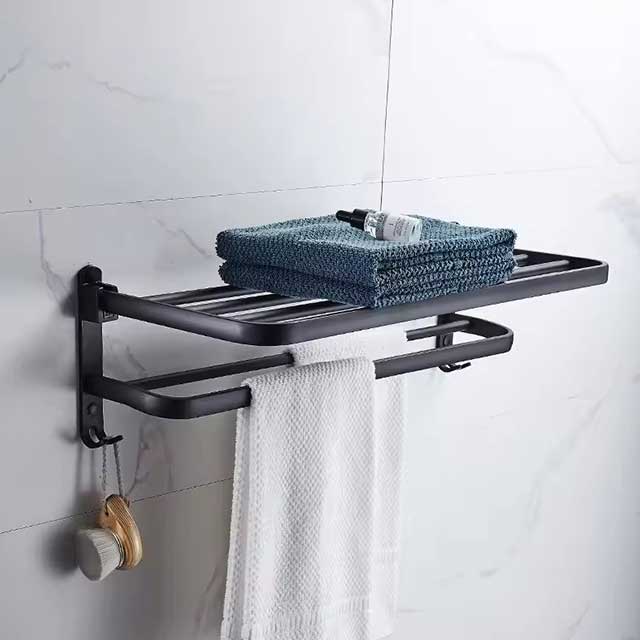 Matte Black 50CM Folding Towel Holder with Hook - Wall Mount Aluminum Towel Rack for Bathroom