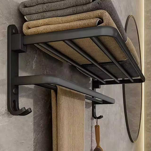 Matte Black 50CM Folding Towel Holder with Hook - Wall Mount Aluminum Towel Rack for Bathroom