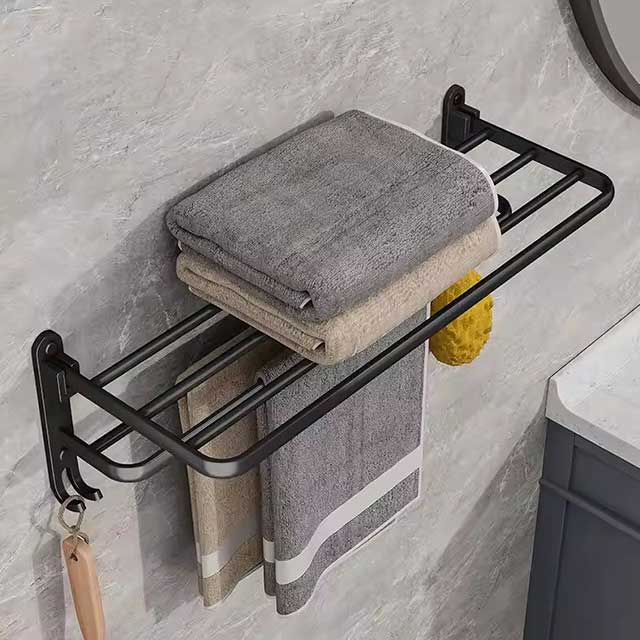 Matte Black 50CM Folding Towel Holder with Hook - Wall Mount Aluminum Towel Rack for Bathroom