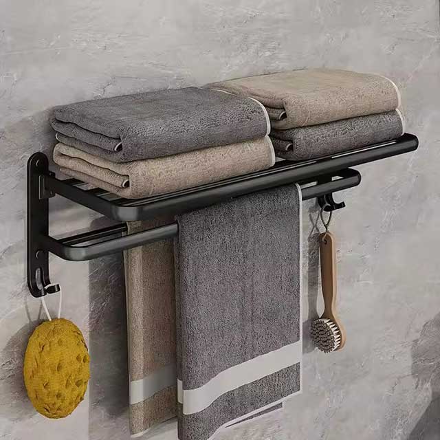 Matte Black 50CM Folding Towel Holder with Hook - Wall Mount Aluminum Towel Rack for Bathroom