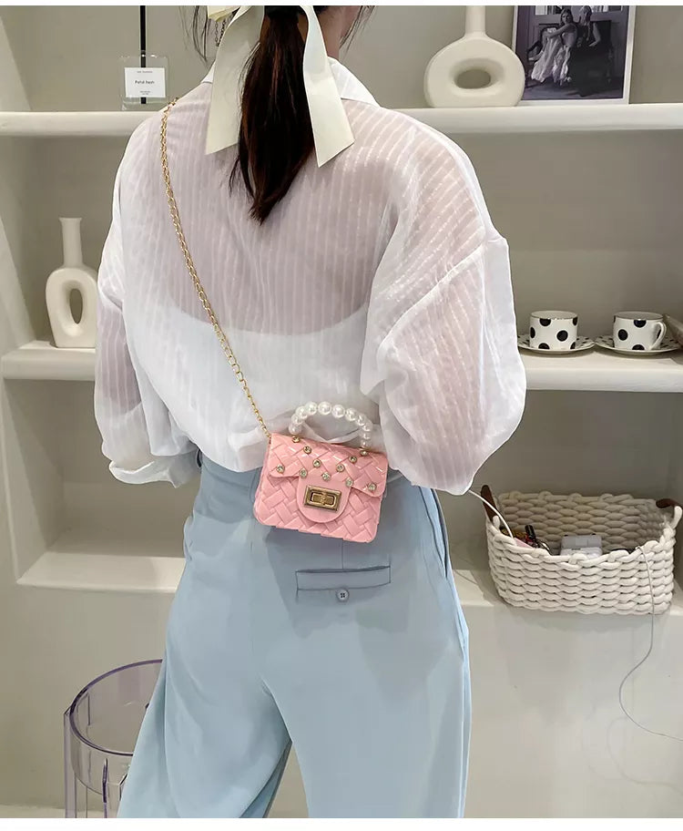Mini sac en gelée avec poignée en perle pour femmes et enfants (EGB215)