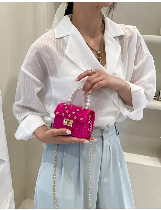 Mini sac en gelée avec poignée en perle pour femmes et enfants (EGB215)