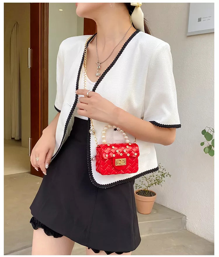 Mini sac en gelée avec poignée en perle pour femmes et enfants (EGB215)