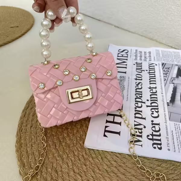 Mini sac en gelée avec poignée en perle pour femmes et enfants (EGB215)