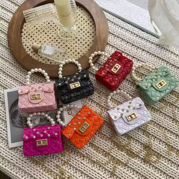 Mini sac en gelée avec poignée en perle pour femmes et enfants (EGB215)