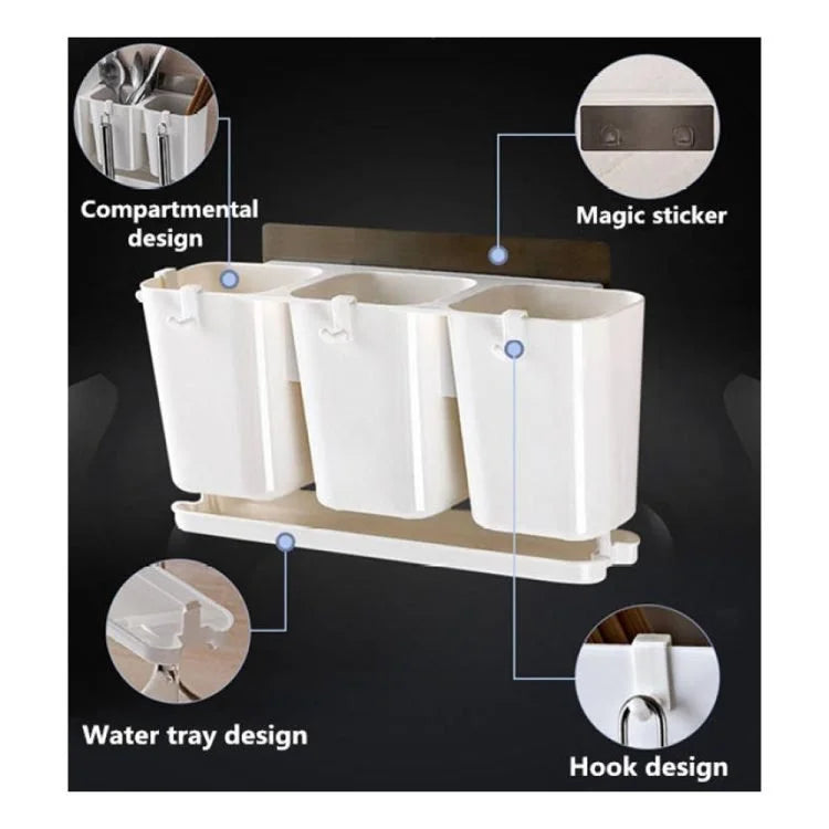 Wall Mounted Kitchen Drain Storage Rack – 3-Compartment Sink Organizer with Water Drain Tray & Hooks for Sponges, Cutlery & Cleaning Tools