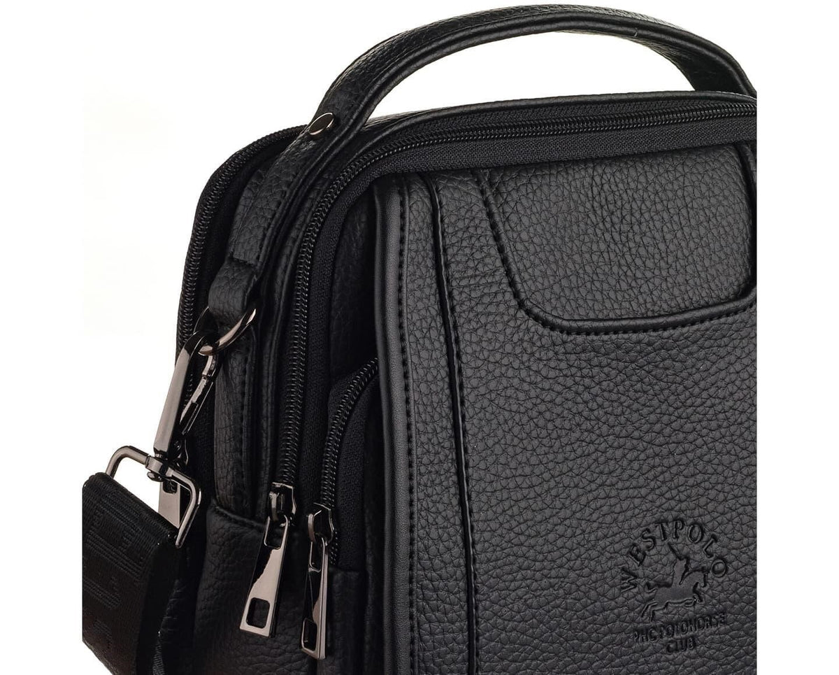 Westpolo Waterproof Leather Men's Handbag and Shoulder Bag with Shoulder Strap - Black (7022)