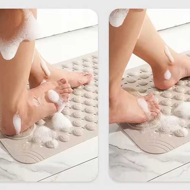 Non-Slip Suction Cups Bathroom Mat – Shower Bath Mat with Foot Massager & Silicone Suction Cup Massage Brush for Home Use