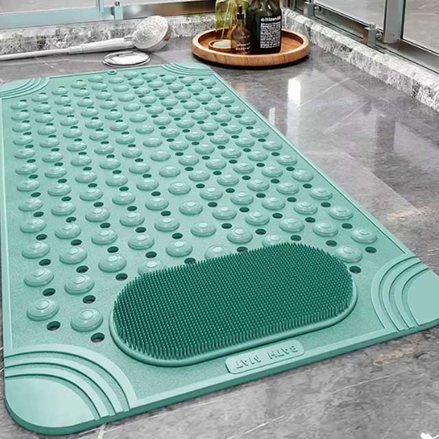 Non-Slip Suction Cups Bathroom Mat – Shower Bath Mat with Foot Massager & Silicone Suction Cup Massage Brush for Home Use