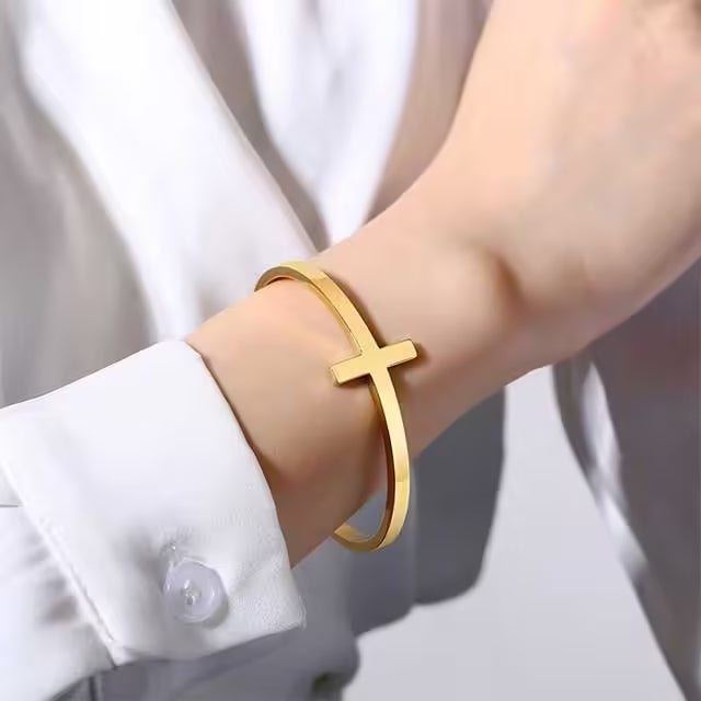 Bracelet manchette unisexe en acier inoxydable à croix ouverte (EGBT325) 