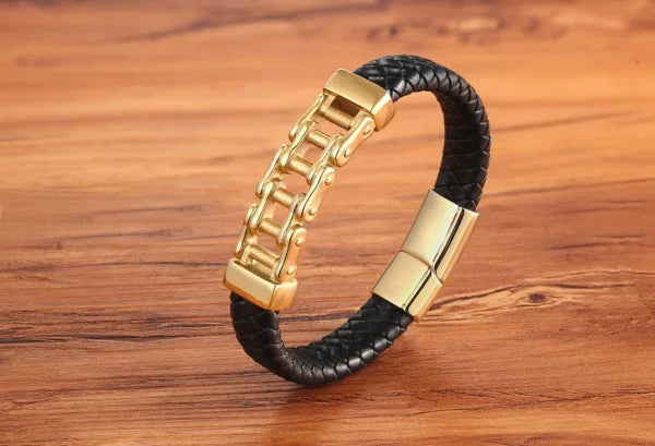Pattern Bicycle Chain Stainless Steel Men's Leather Bracelet (EGBT109)
