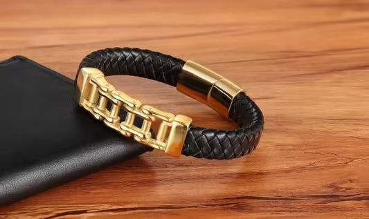 Bracelet en cuir pour homme en acier inoxydable à motif chaîne de vélo (EGBT109)