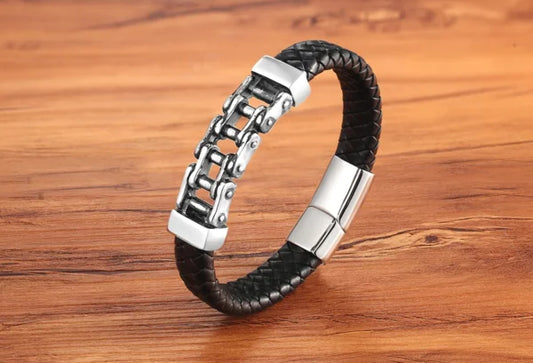 Bracelet en cuir pour homme en acier inoxydable à motif chaîne de vélo (EGBT109)