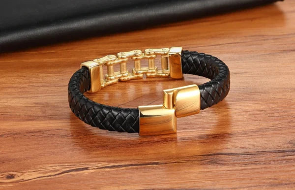 Pattern Bicycle Chain Stainless Steel Men's Leather Bracelet (EGBT109)