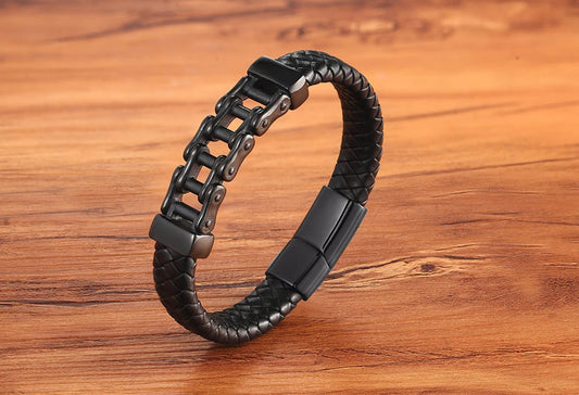 Bracelet en cuir pour homme en acier inoxydable à motif chaîne de vélo (EGBT109)