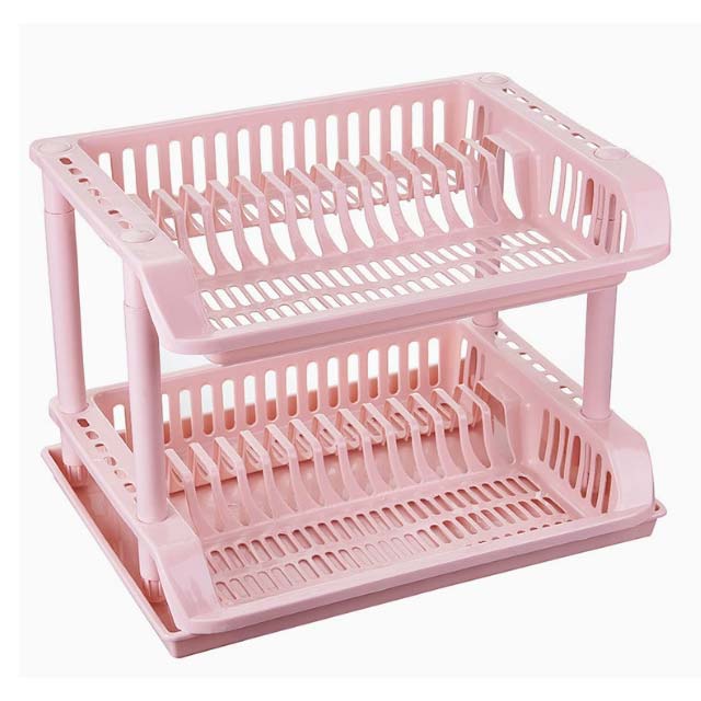 2-Tier Plastic Dish Draining Rack with Tray – Kitchen Drying Storage Organizer