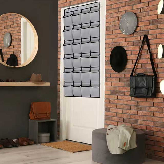 24-Pocket Wall Storage Bag with Clear View Pockets – Hanging Shoe Organizer Rack for Behind Doors with 4 Metal Hooks – Shoe Storage Solution