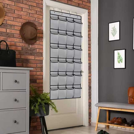 24-Pocket Wall Storage Bag with Clear View Pockets – Hanging Shoe Organizer Rack for Behind Doors with 4 Metal Hooks – Shoe Storage Solution