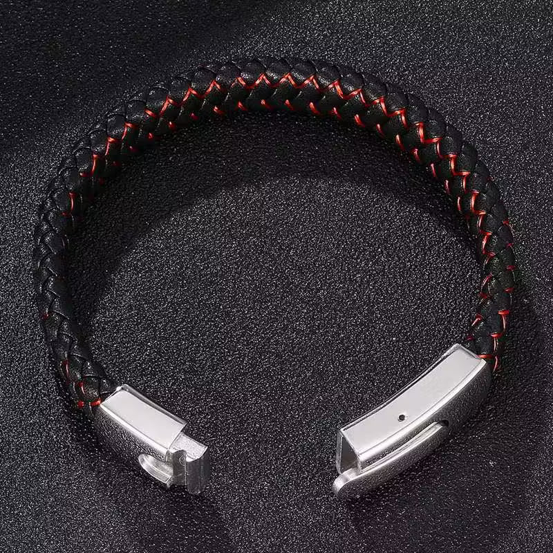 Bracelet rectangulaire en cuir noir et rouge pour homme (EGBT104)