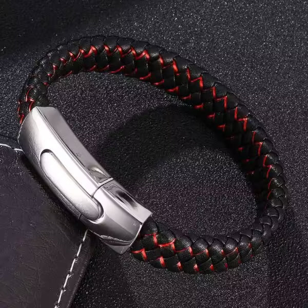 Bracelet rectangulaire en cuir noir et rouge pour homme (EGBT104)