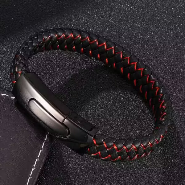 Bracelet rectangulaire en cuir noir et rouge pour homme (EGBT104)