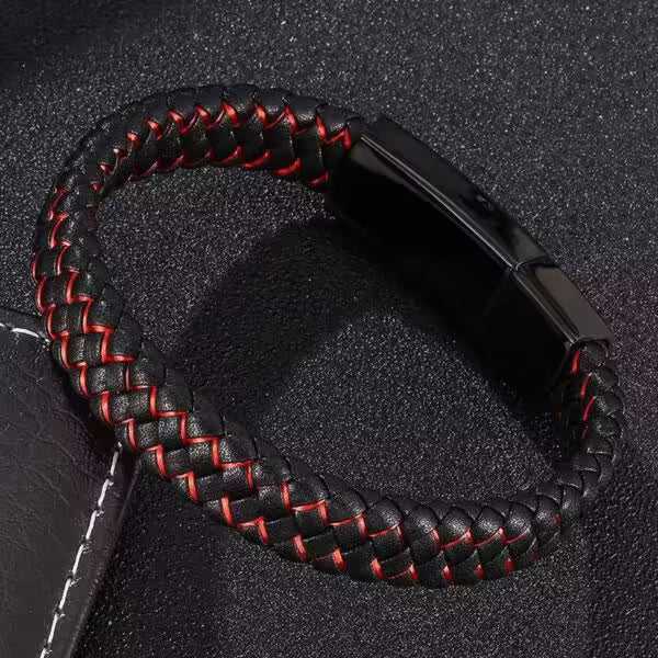 Bracelet rectangulaire en cuir noir et rouge pour homme (EGBT104)