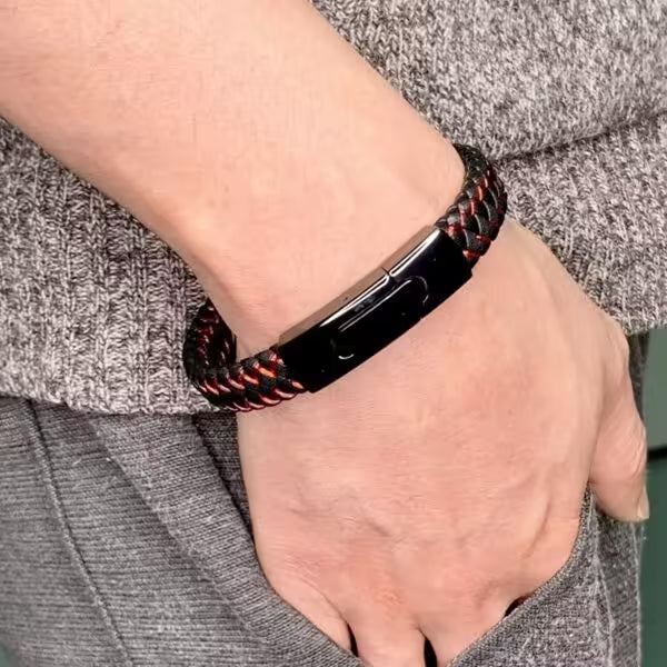Bracelet rectangulaire en cuir noir et rouge pour homme (EGBT104)