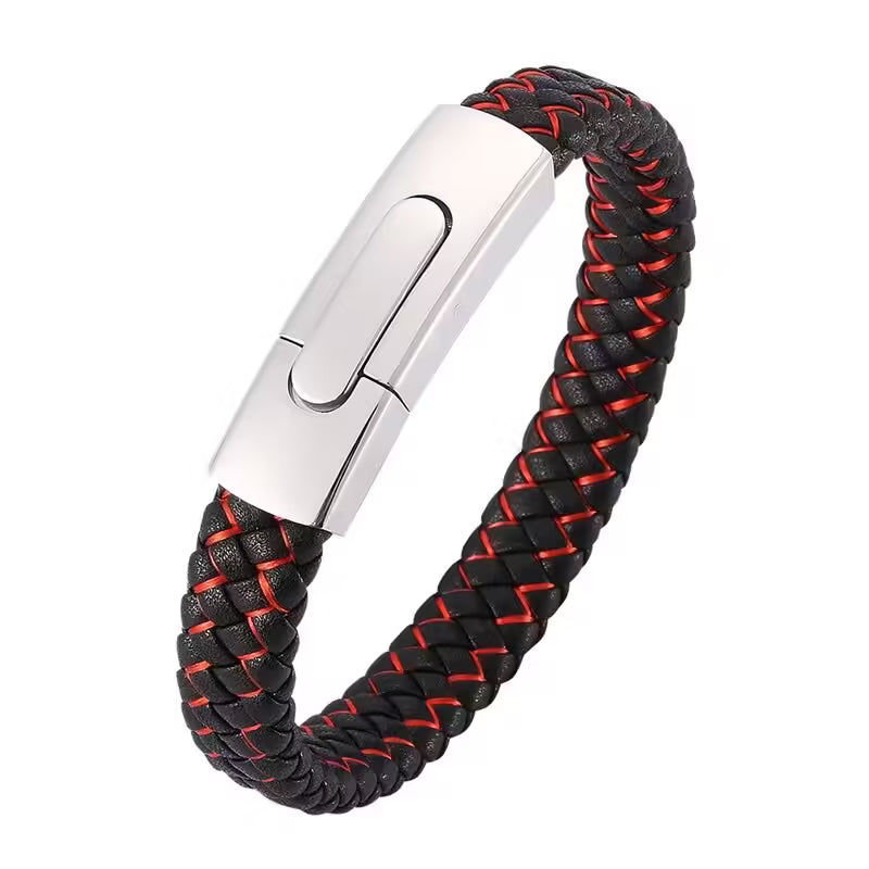 Bracelet rectangulaire en cuir noir et rouge pour homme (EGBT104)