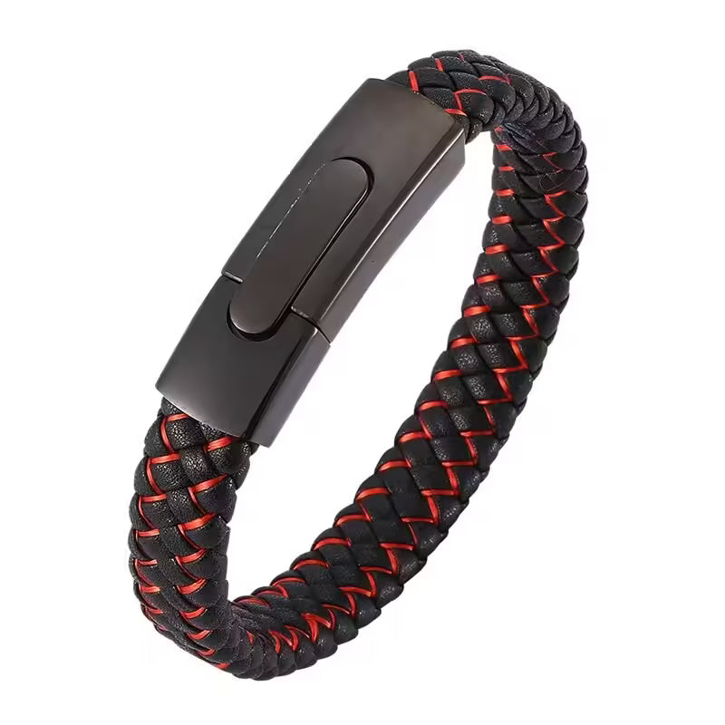 Bracelet rectangulaire en cuir noir et rouge pour homme (EGBT104)