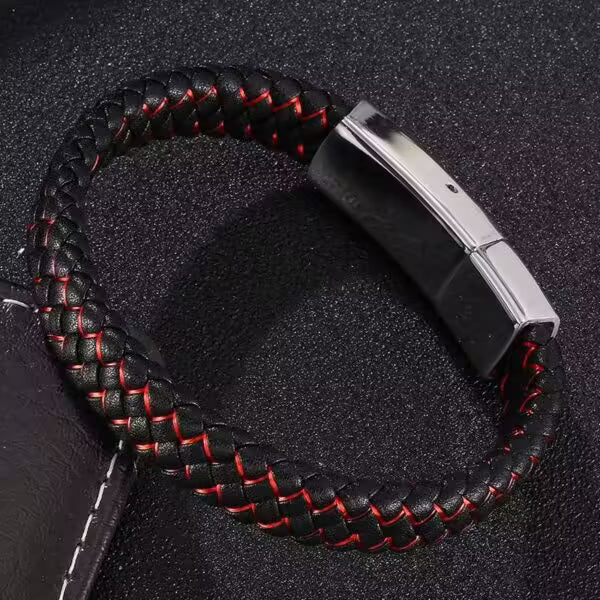 Bracelet rectangulaire en cuir noir et rouge pour homme (EGBT104)