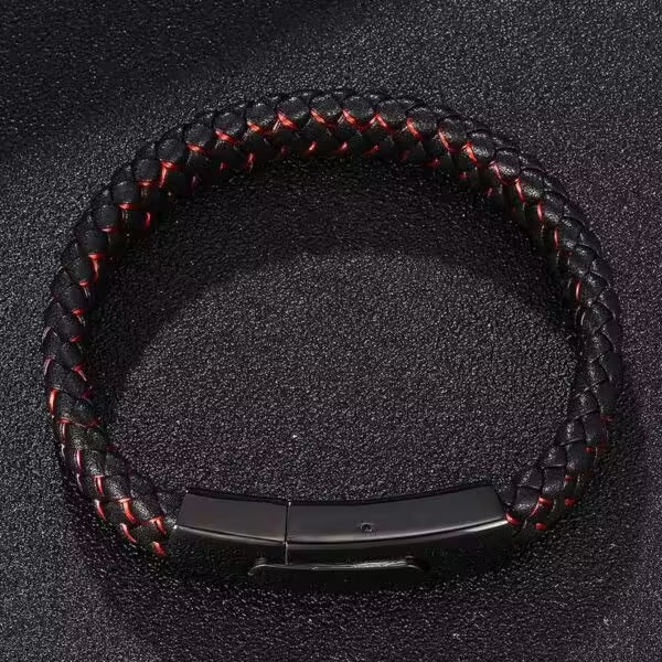 Bracelet rectangulaire en cuir noir et rouge pour homme (EGBT104)