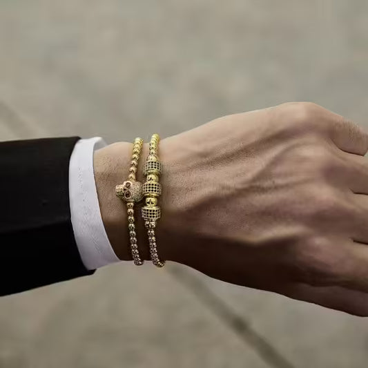 Bracelet Shamballa ajustable avec perles de 4 mm et tête de mort aux yeux rouges (lot de 2) (EGBT152) 