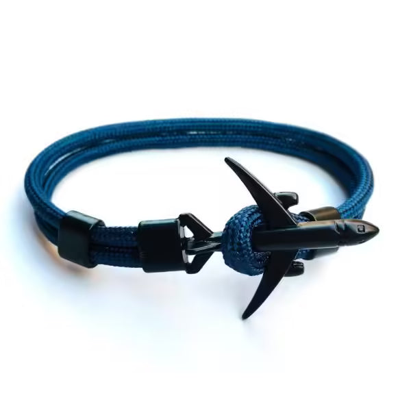 Bracelet unisexe en corde noire avec ancre d'avion (EGBT349)