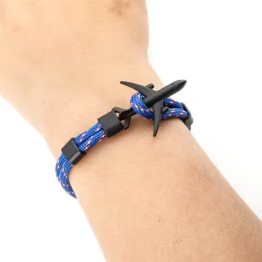 Bracelet unisexe en corde noire avec ancre d'avion (EGBT349)