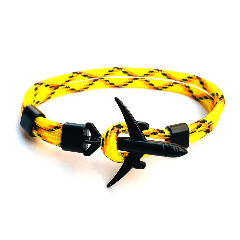 Bracelet unisexe en corde noire avec ancre d'avion (EGBT349)