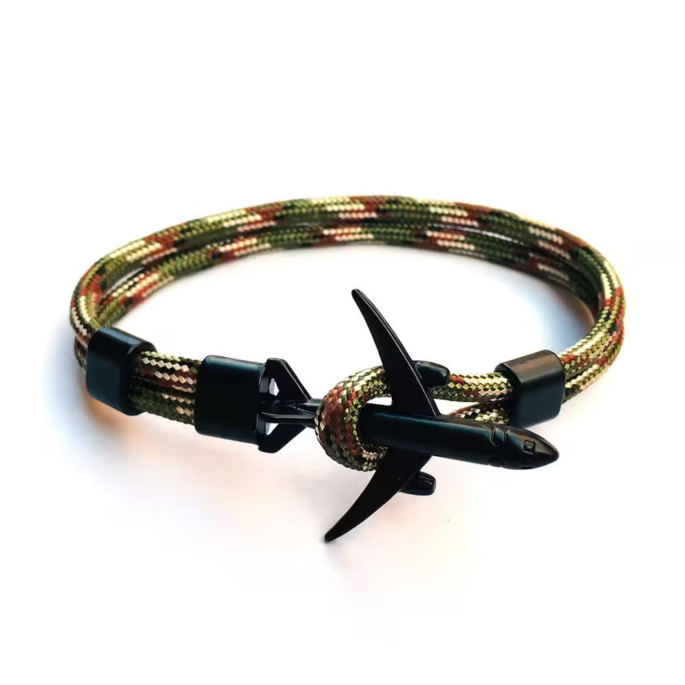 Bracelet unisexe en corde noire avec ancre d'avion (EGBT349)